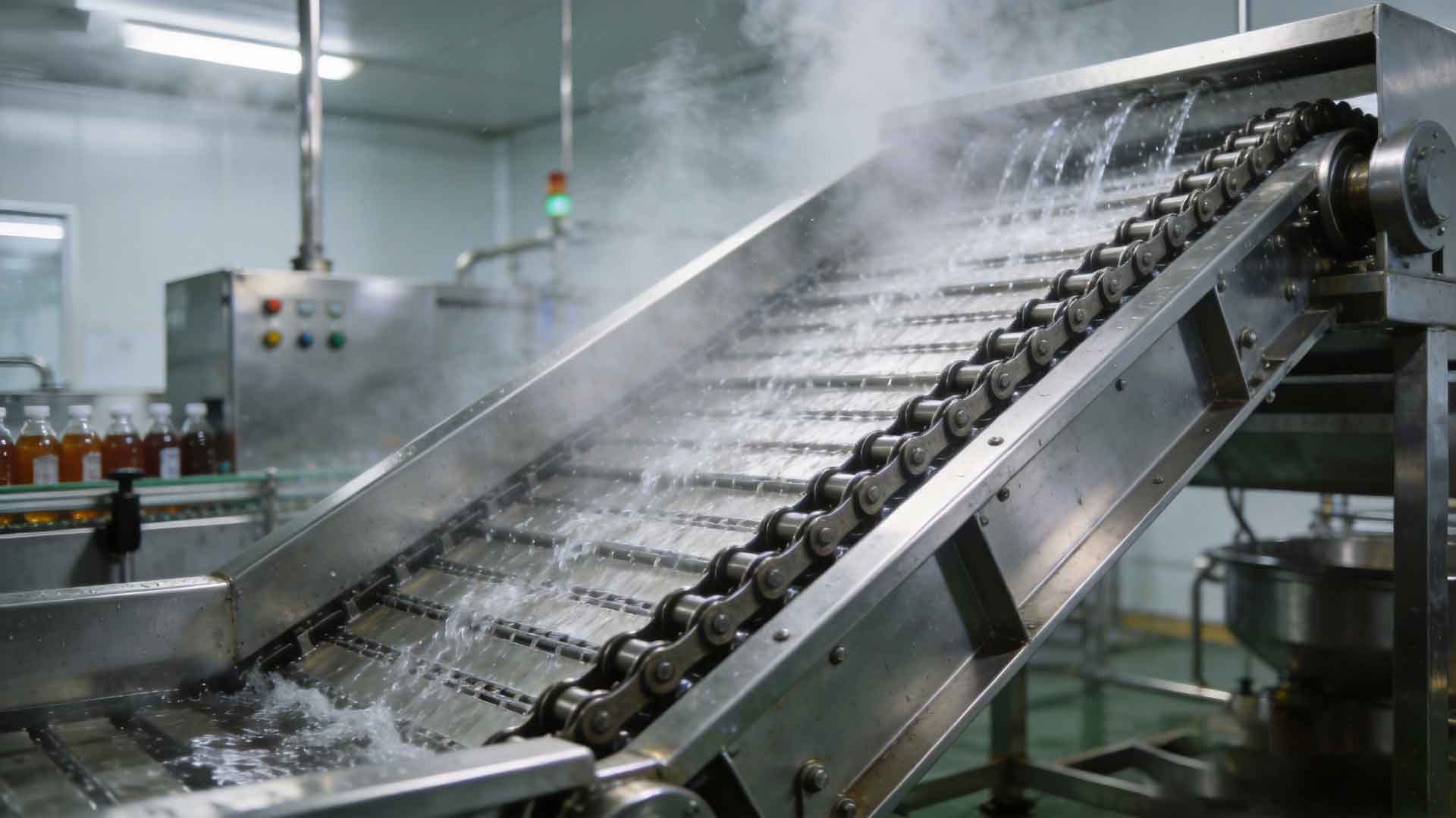 jimeng-2026-06-27-4383-食品级不锈钢耐高温爬坡输送机,饮料杀菌喷淋环境,水雾细腻,防腐链板结构,工业实景...jpg