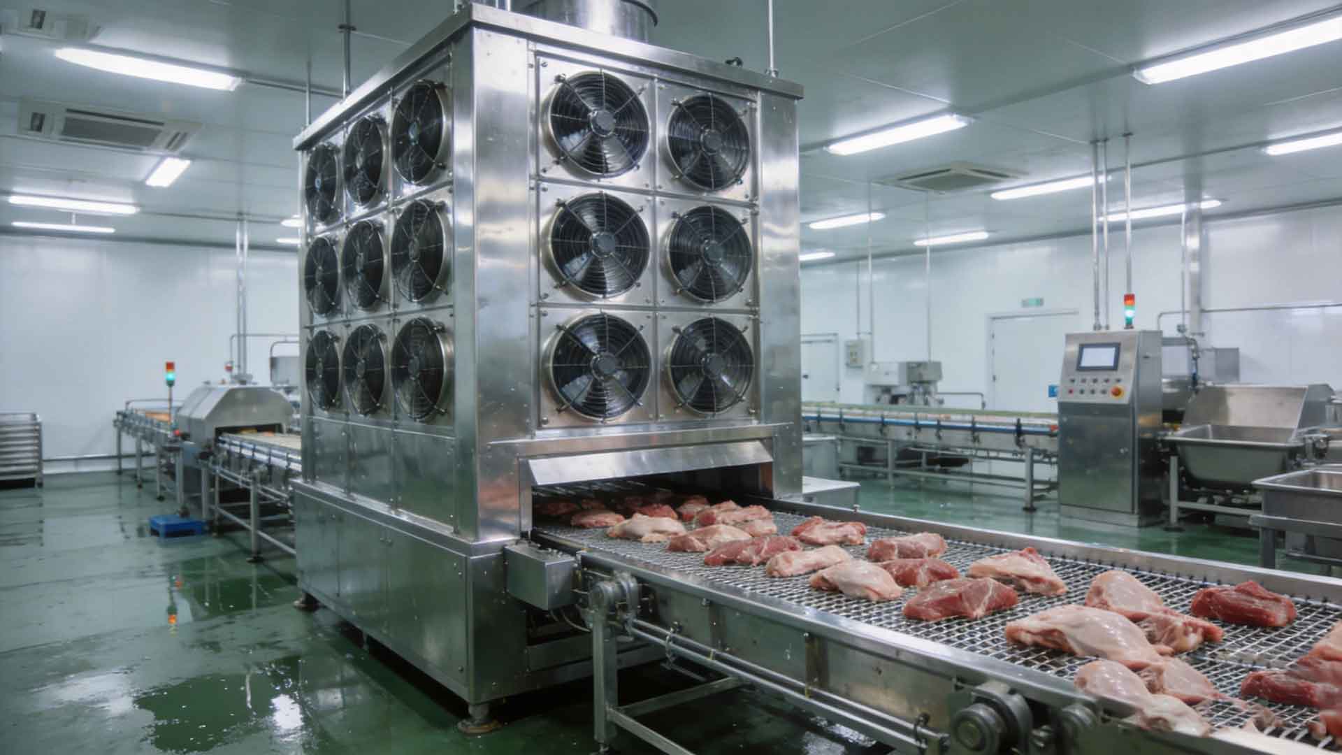 jimeng-2026-06-27-6521-标准化洁净肉熟食加工车间,全套-316-不锈钢立体风冷预冷塔搭配防水网带输送流水...jpg